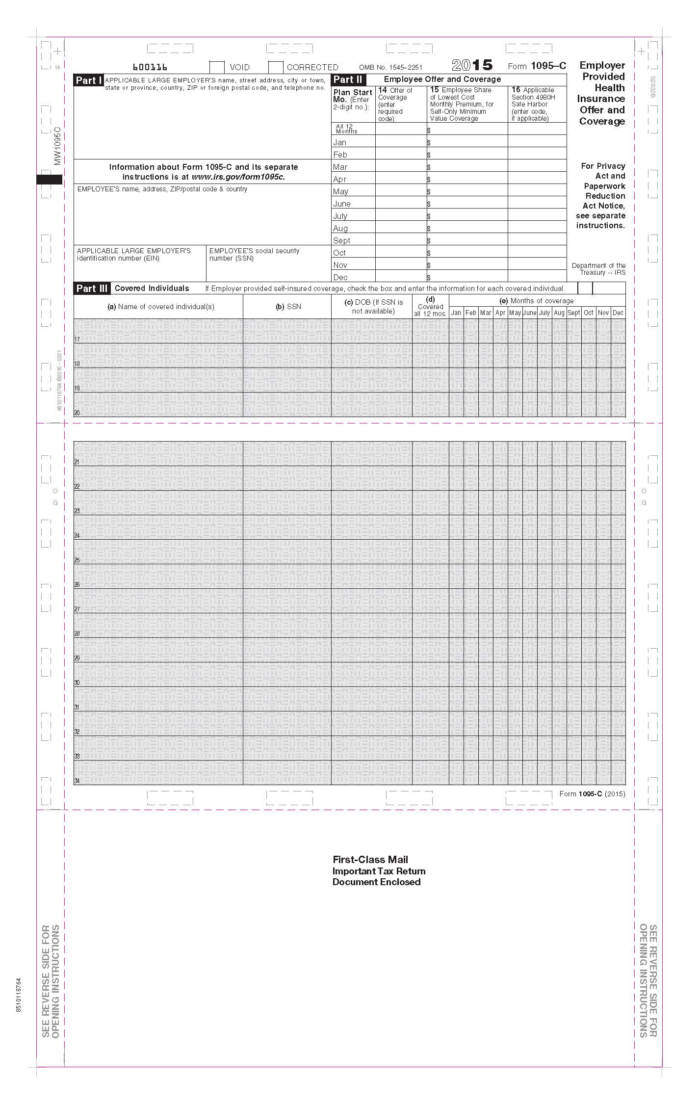 1095C Pressure Seal Health Care Form MW 1095C Quantity 1,000